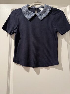 Blue Rain Navy Top with Tweed Pointed Collar